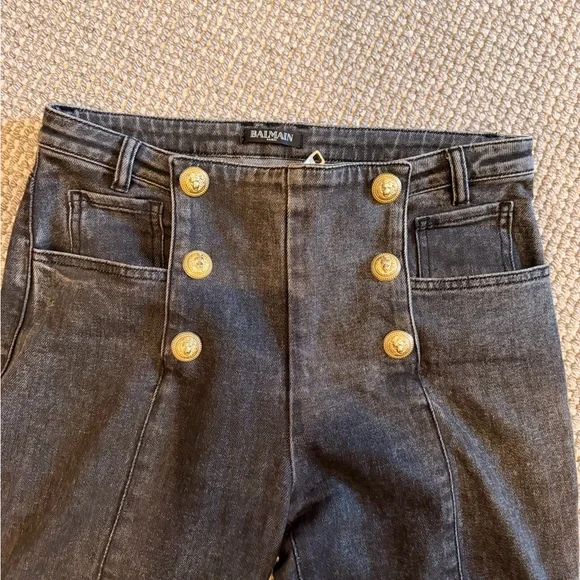 🤩 BALMAIN washed Black/gray Denim Jeans sz 38/US 6with Gold Accent logo buttons